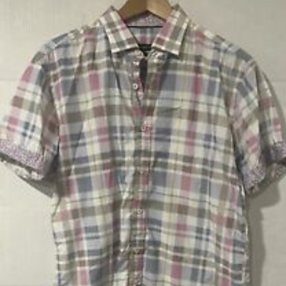 Bugatchi Men's M Button-Up Plaid Cotton Shaped Fit Short Sleeve Shirt‎ - Picture 4 of 7